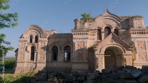 Old destroyed orthodoxal cathedral building. Abandoned church in village Pohrebea, Moldova republic of. photo