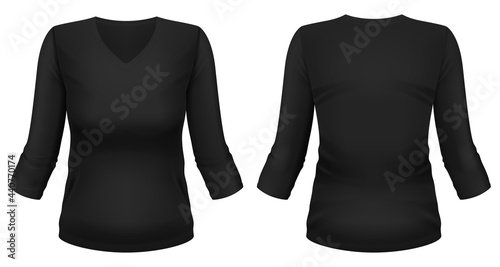 Blank black V-neck 3/4 sleeve t-shirt template. Front and back views. Photo-realistic vector illustration. photo