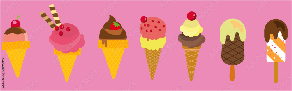 Ice cream set. Colorful ice-cream cones and popsicles.
