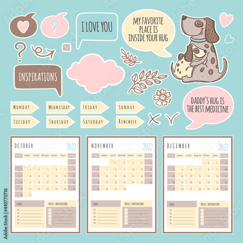 DOG PLANNER WINTER 2022 Template Schedule And Collection With Design Elements For A Three Months For Printable And Plotter Cutting Clip Art Vector illustration Set