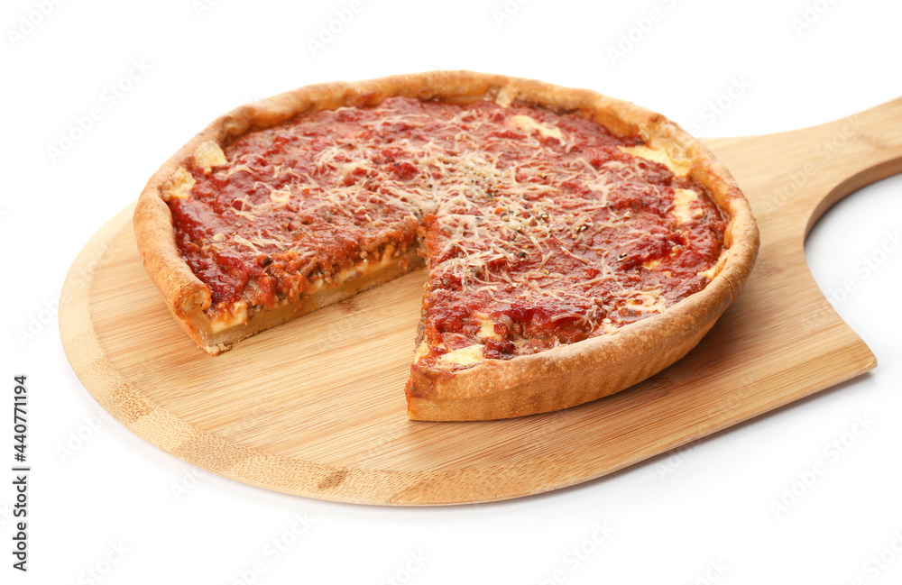 Board with tasty Chicago-style pizza on white background