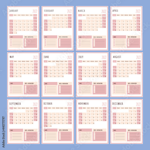PINK PLANNER 2022 Year Printable Template Business Organizer Schedule Page For A Day For Effective Planning Paper Sheet Design Clip Art Vector illustration Set