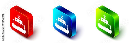 Isometric Ark of noah icon isolated on white background. Wood big high cargo. Red, blue and green square button. Vector