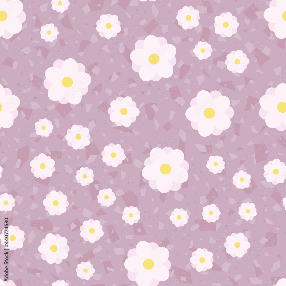 White chamomile pattern. Floral seamless pattern from daisies, chamomile, on a pink background. Textiles and fabrics for baby, child, kid. Spring, summer field meadow for desing . Vector illustration White chamomile pattern. Floral seamless pattern from daisies, chamomile, on a pink background. Textiles and fabrics for baby, child, kid. Spring, summer field meadow for desing . Vector illustration