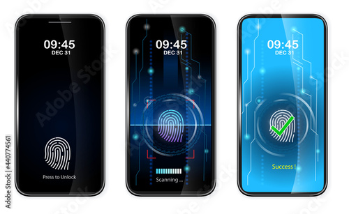 set of realistic finger scan access on mobile phone or scanning finger on smartphone to unlock screen or realistic fingerprint scanning progress isolated. eps vector
