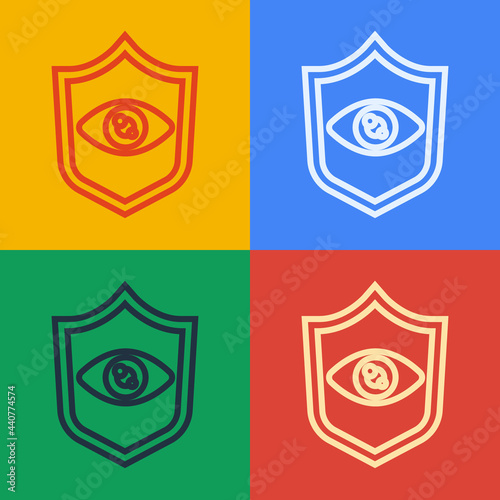 Pop art line Shield eye scan icon isolated on color background. Scanning eye. Security check symbol. Cyber eye sign. Vector