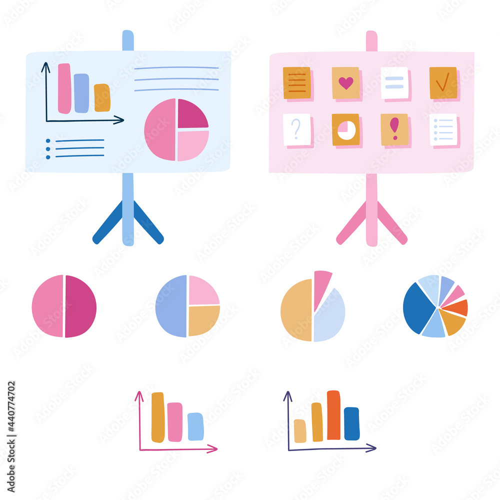 Cute hand drawn clipart set of chart, graph, flipchart, diagram. Infographic business element for presentations, statistic, reports. Vector illustration isolated o background.