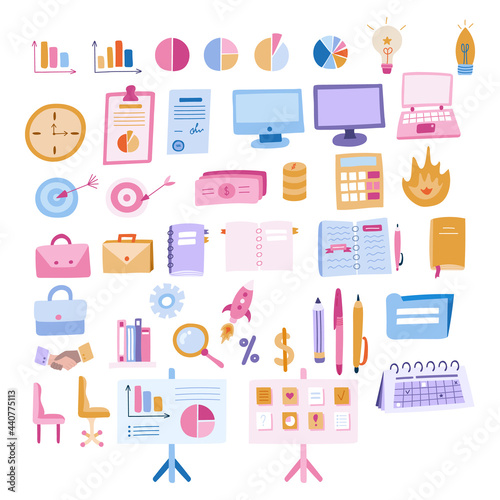 Big business set with colorful hand drawn cliparts in cartoon style. Vector illustrations isolated on background. Briefcases. lamps, money and finances, laptop, computers, planners, calendars etc.