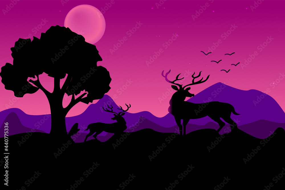 Dark pink and purple color background vector silhouette with deer, tree, mountain bird. beautiful wildlife art