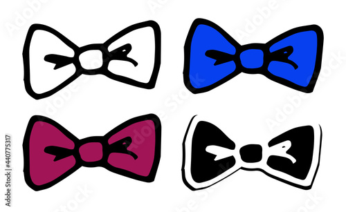 Vector set of bow tie, burgundy and blue colors. drawn in doodle style bow ties isolated black outline and silhouette on white background for design template. men's accessories clothing