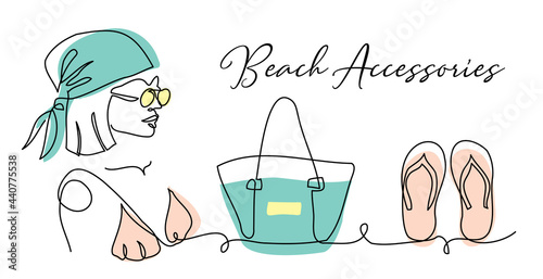 Beach accessories vector banner, poster, background. Headscarf, sun glasses, summer bag, slippers. One continuous line art drawing of beach accessories