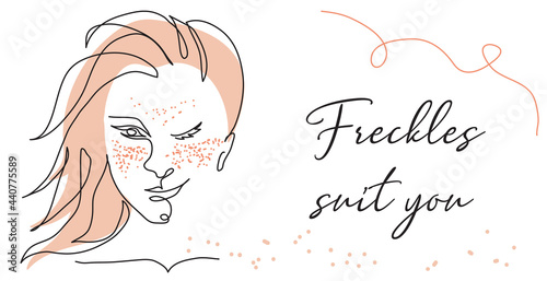 Freckled girl one line art face portrait. Red headed beautiful woman winks. Freckles suits you text. Simple vector illustration for freckled skin care banner, poster, background
