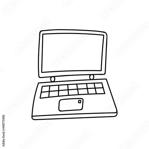Cute doodle laptop with keyboard for business, communication, education. Device for office, working at home, at cafe. Vector illustration isolated on background with hand drawn outline.