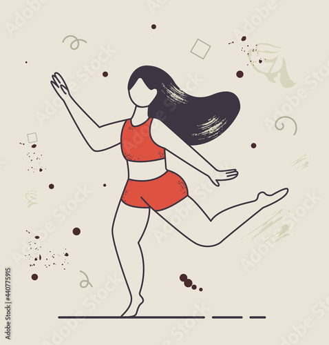 A plump woman runs barefoot in shorts and a top, her hair flying