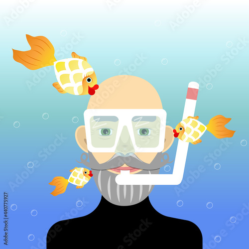diver fish swimmer diver mask sea ocean vacation old man with beard mustache goldfish kiss swimming trip