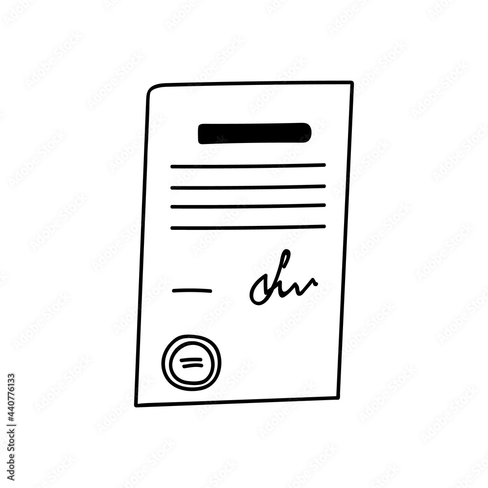 Cute and trendy business document in hand drawn style. Vector illustration isolated on the background with doodle outline. Paper with contract with stamp and signature. Cute and trendy business document in hand drawn style. Vector illustration isolated on the background with doodle outline. Paper with contract with stamp and signature.