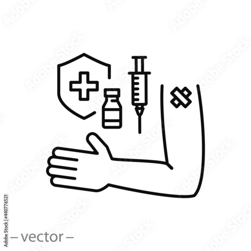 injection vaccine icon, medical plaster on arm patient, vaccination vector illustration, strong effect side
