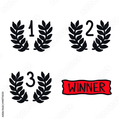 Winner emblem number 1 Wreath and ribbon logo icon sign First place award victory symbol of success Hand drawn lettering Cartoon children's style Fashion print clothes apparel greeting invitation card
