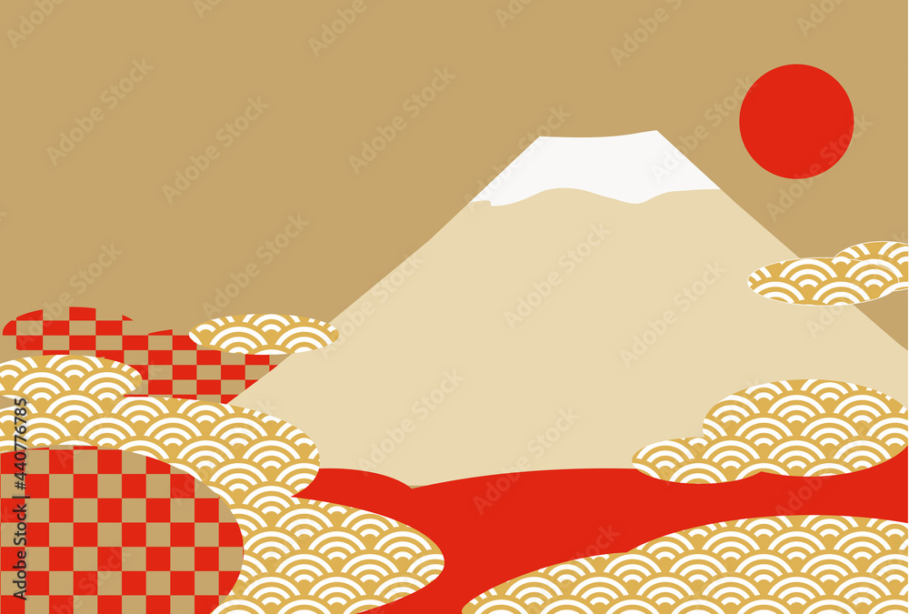 富士山と日の出の太陽が輝いているおめでたい新春の背景イラスト Stock Vector Adobe Stock