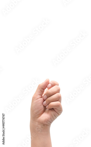 Female hand holding a virtual card with your fingers on a white background