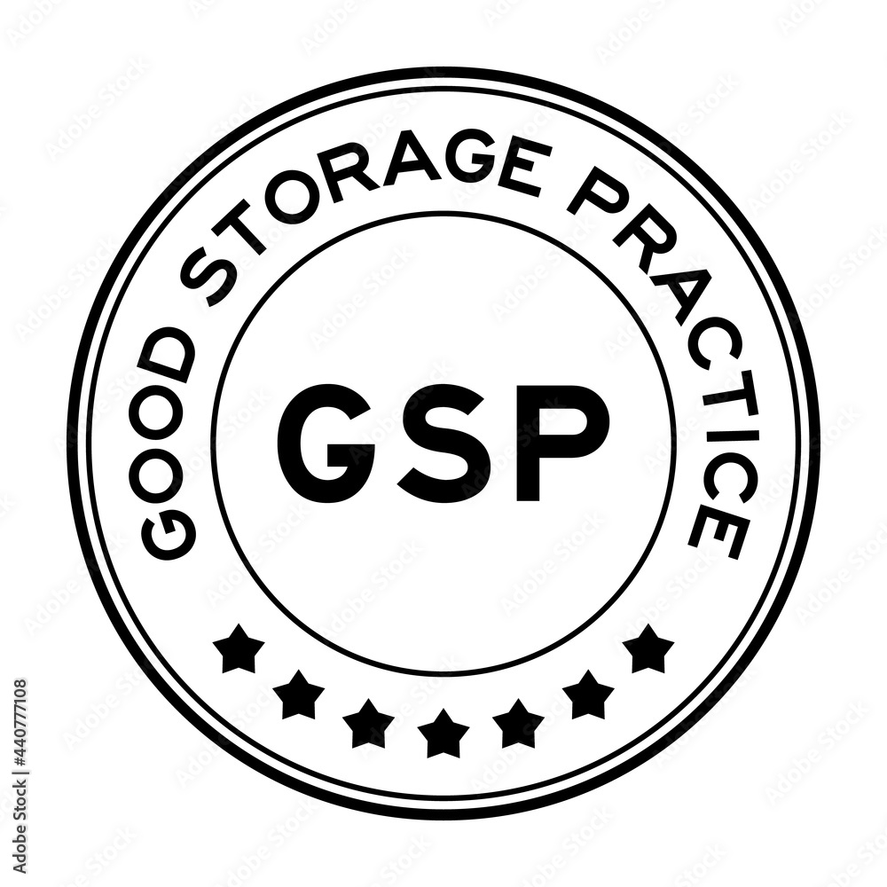 Black color GSP Good storage practice round label stamp on white