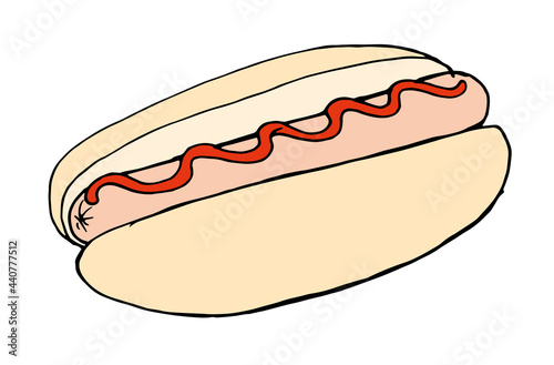 Vector hot dog in natural colors with red ketchup. hand-drawn sketch-style street fast food HOT DOG with sausage roll and red sauce on white background for design template, for labels, menus, signage