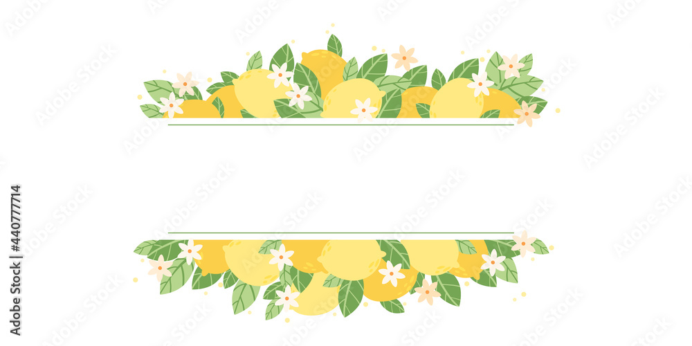 rectangular frame template.  composition with lemons, abundant green foliage and fragrant flowers in full bloom.  vector illustration.