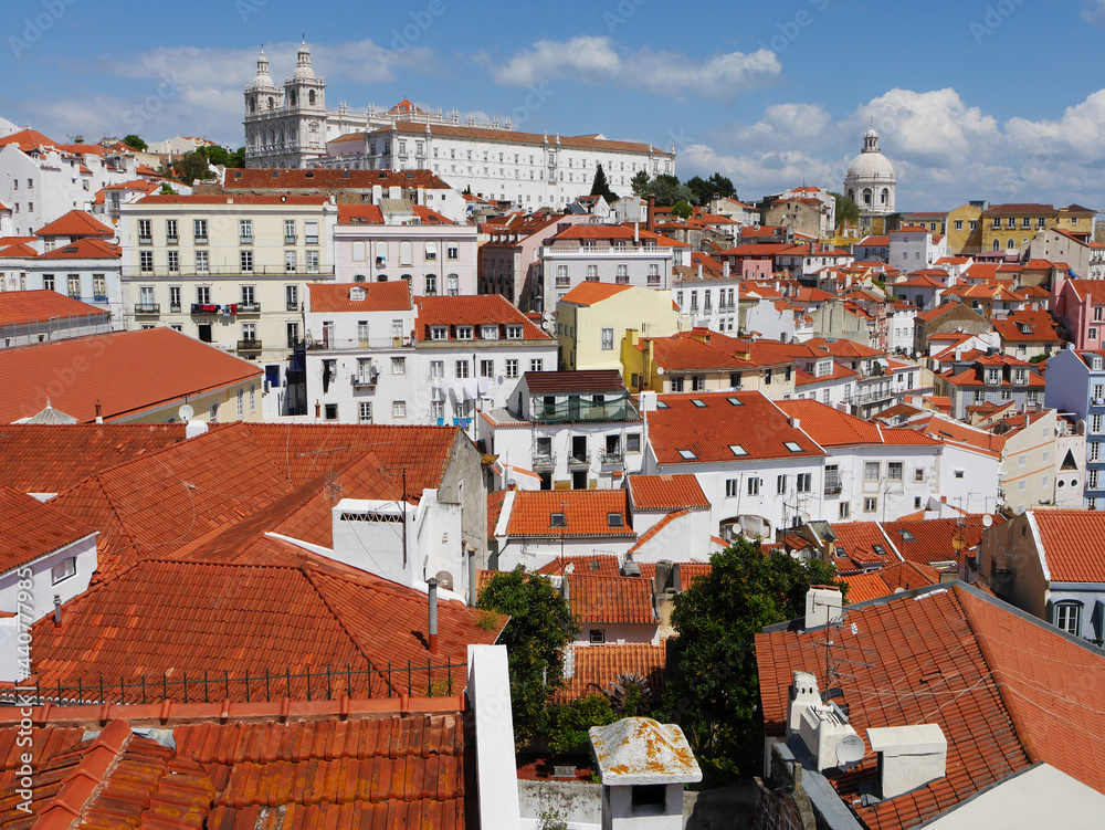 Cityscape Lisboa City view Red roof white wall buildings Spain
