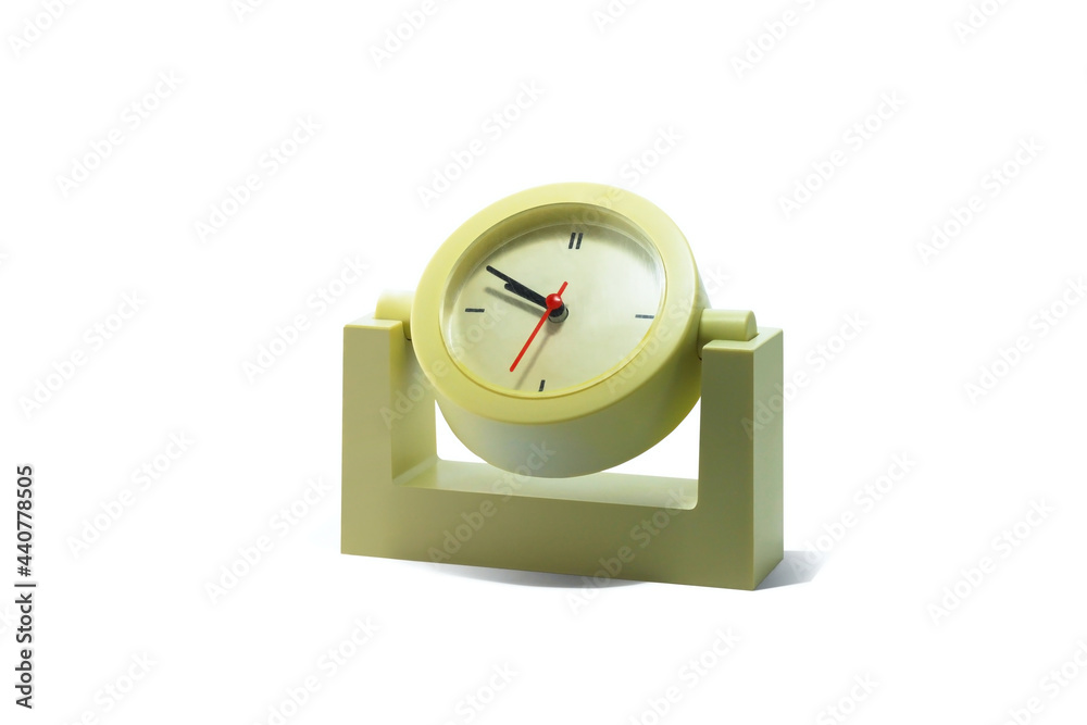 Black and white image of old classic round table clock isolated on white background as symbol of eternity with clock, symbol of time with clock or symbol of transience of time on clock