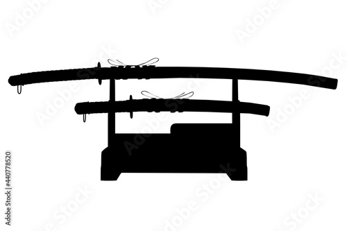 Silhouette with a katana lying on a rack isolated on a white background. Vector illustration