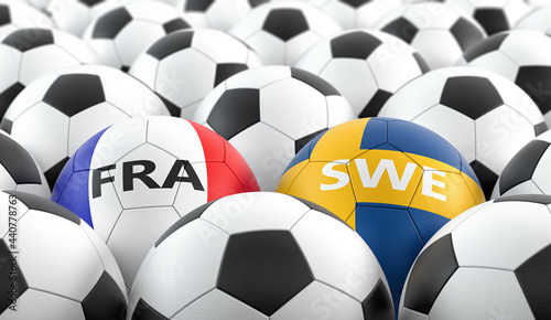 Sweden vs. France Soccer Match - Leather balls in Sweden and France national colors. 3D Rendering 