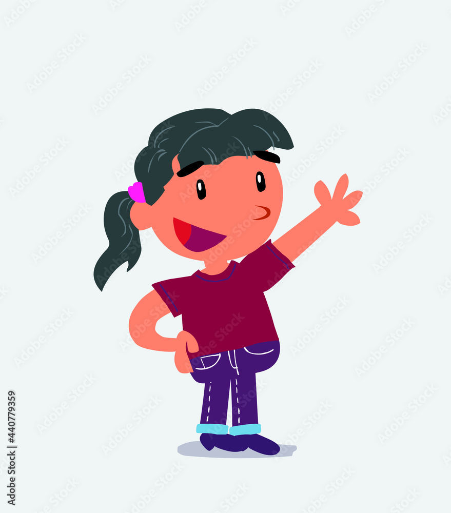 cartoon character of little girl on jeans explaining something while pointing