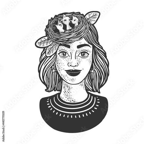 Bird nest with chicks on girl head line art sketch engraving vector illustration. T-shirt apparel print design. Scratch board imitation. Black and white hand drawn image.
