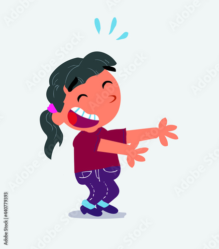cartoon character of little girl on jeans laughing a lot while showing something.