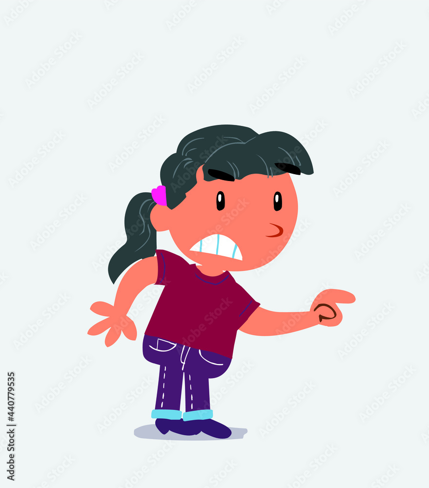 cartoon character of little girl on jeans pointing something aggressively