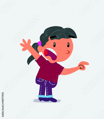 cartoon character of little girl on jeans pointing at something outraged