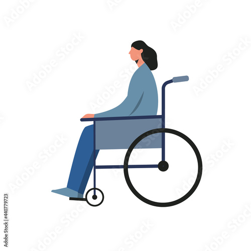 Disabled female character sitting in a wheelchair isolated on white background. Vector illustration cartoon flat style