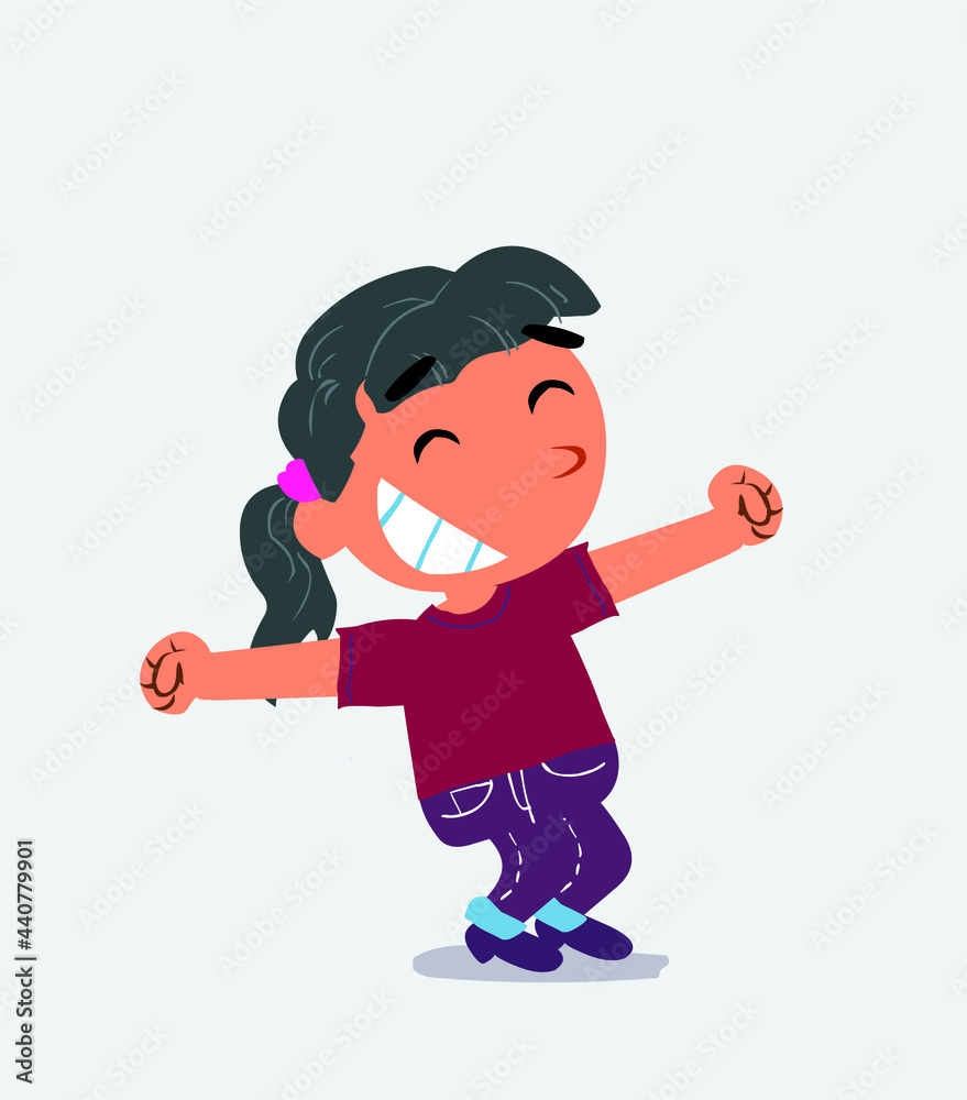 Euphoric little girl on jeans in funny cartoon character. Euphoric little girl on jeans in funny cartoon character.