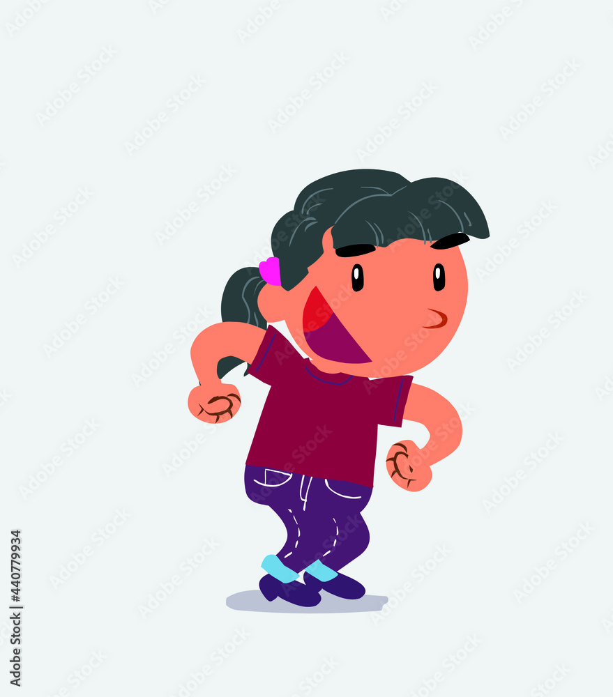 Euphoric cartoon character of little girl on jeans makes plans. Euphoric cartoon character of little girl on jeans makes plans.