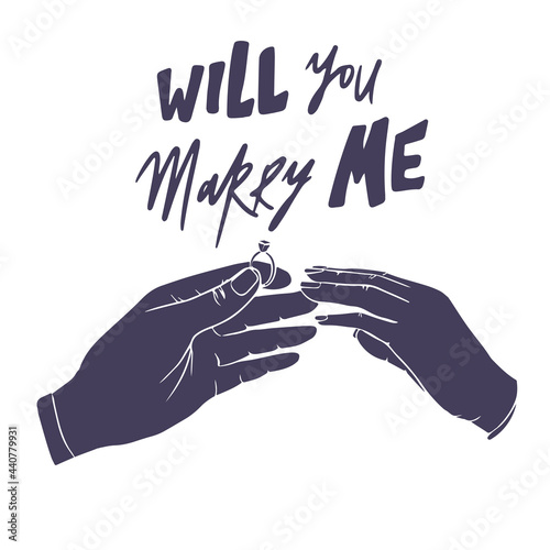 Will you marry me. Marriage proposal vector illustration with wedding ring and male and female hands.