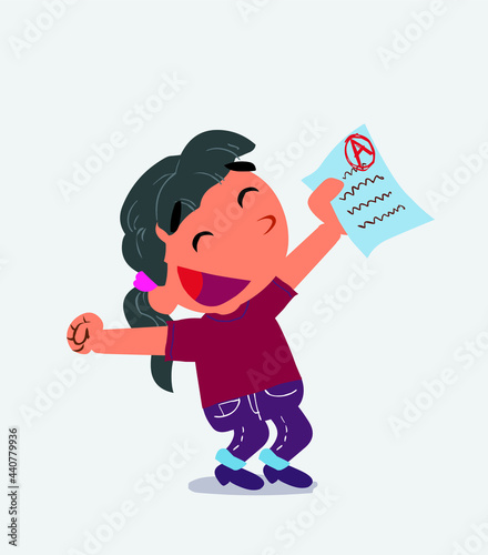  euphoric cartoon character of little girl on jeans raises his arms with exam in hand
