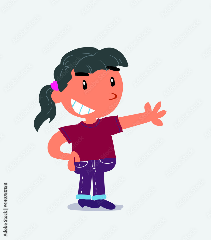  Pleased cartoon character of little girl on jeans points to something