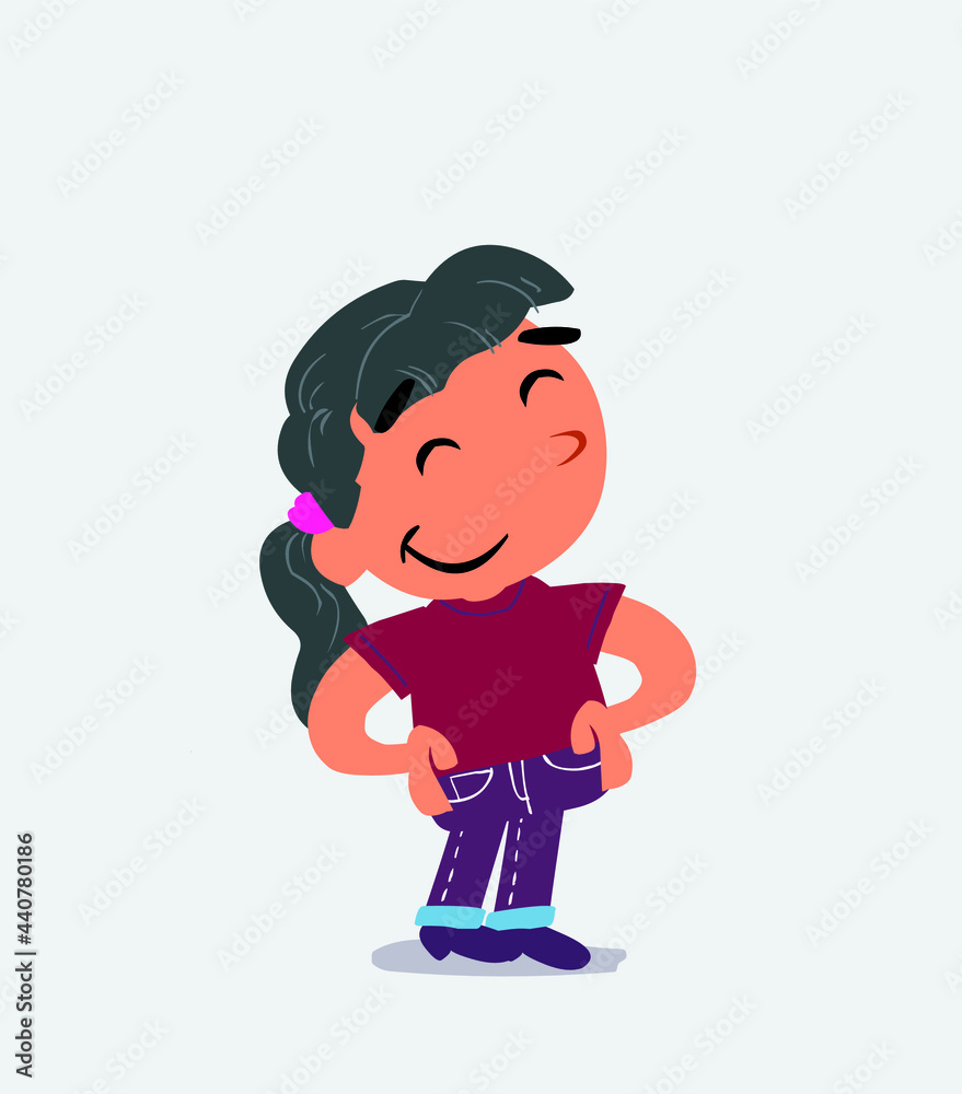 Satisfied cartoon character of little girl on jeans. Satisfied cartoon character of little girl on jeans.