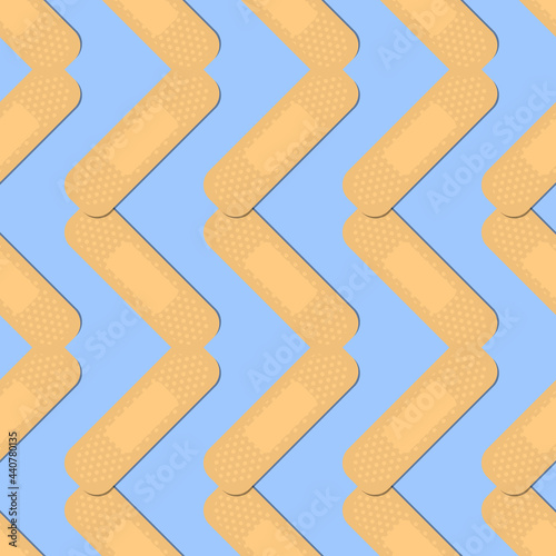 Seamless pattern with sticking plasters. Medical patch repeat texture. On blue background. Stock vector illustration.