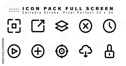 Icon Set of Full Screen Line Icons. Contains such Icons as Alarm, Play, Add, Target etc. Editable Stroke. 48x48 Pixel Perfect