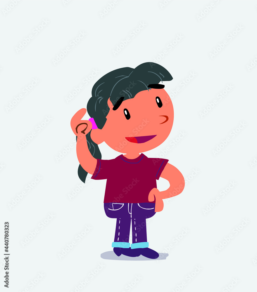 Thoughtful cartoon character of little girl on jeans scratching his head. Thoughtful cartoon character of little girl on jeans scratching his head.