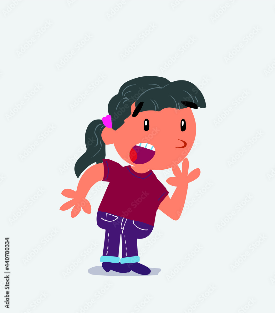 Unpleasantly surprised cartoon character of little girl on jeans looks to the side. Unpleasantly surprised cartoon character of little girl on jeans looks to the side.
