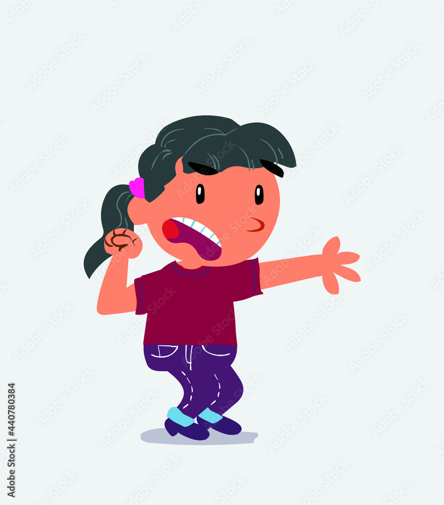 Very angry cartoon character of little girl on jeans pointing at something Very angry cartoon character of little girl on jeans pointing at something