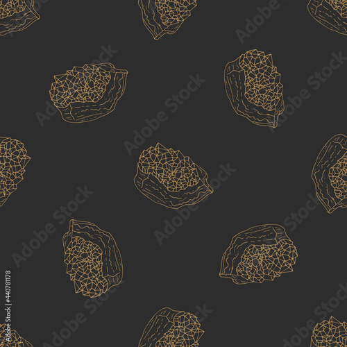 Monochrome golden seamless pattern with hand drawn crystals on black background. Vector illustration.