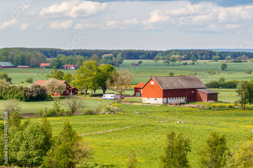 View of a rural landscape with a farm in the early summer